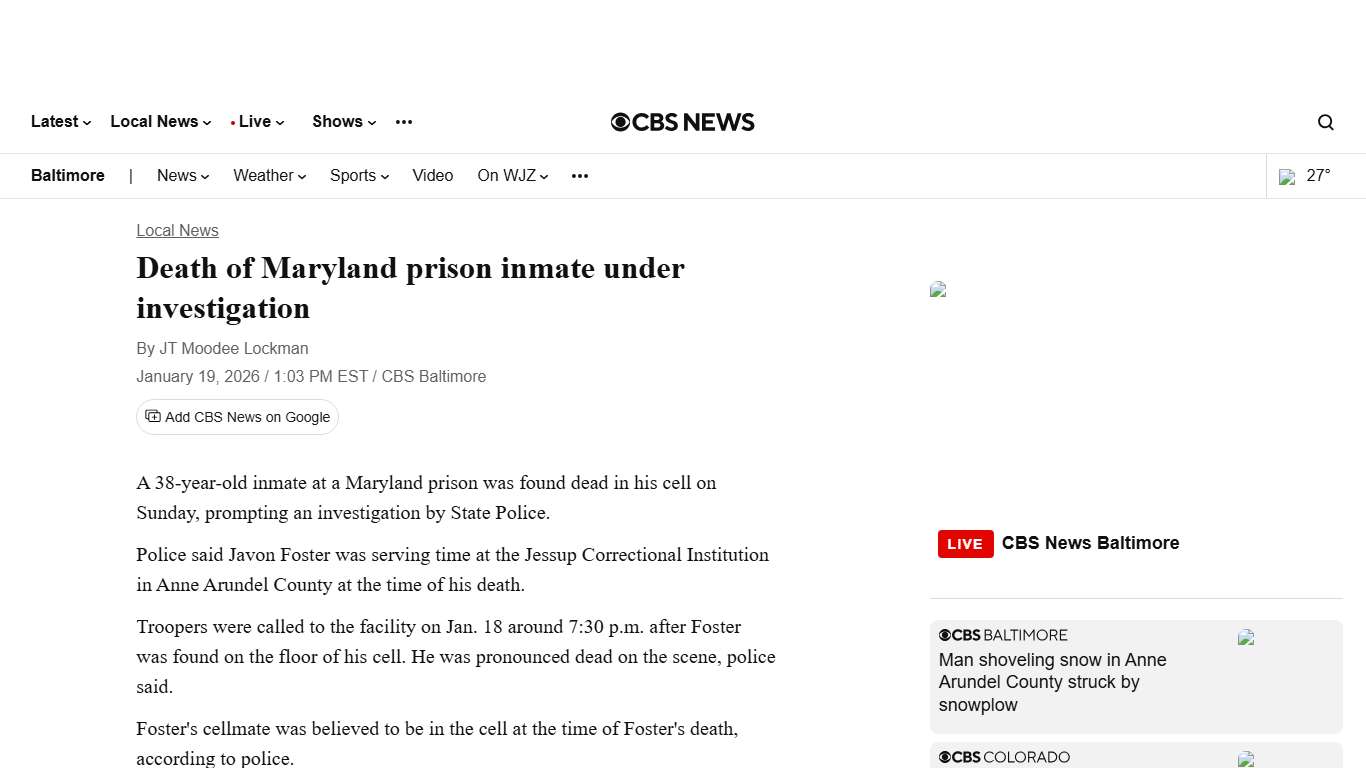 Death of Maryland prison inmate under investigation - CBS Baltimore