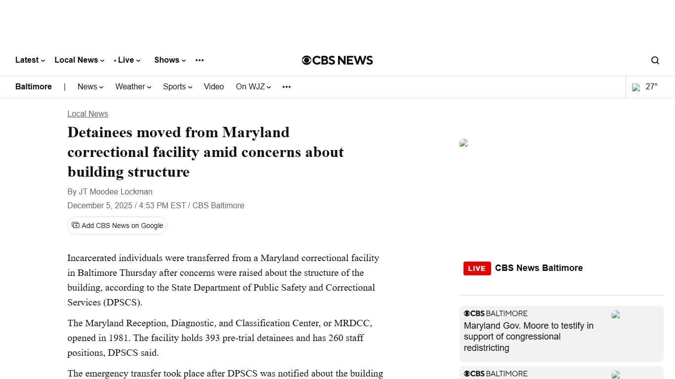 Detainees moved from Maryland correctional facility amid concerns about building structure - CBS Baltimore